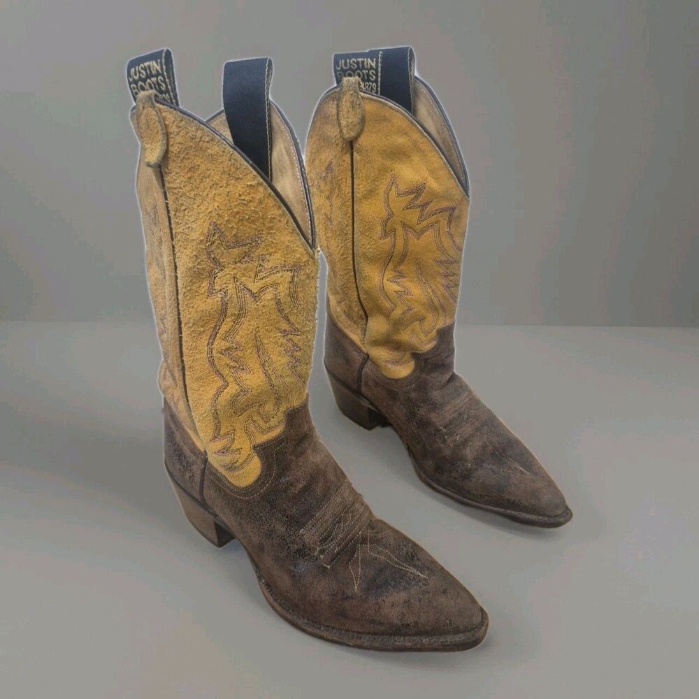 Justin Womens Cowgirl Boots Size 7.5B Distressed 2 Tone Dark Brown L6308 Western